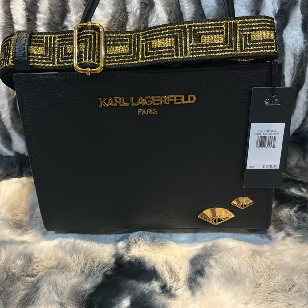 NWT Karl Lagerfeld Crossbody Bag With Gold Hardware & Gold/Black Guitar Strap